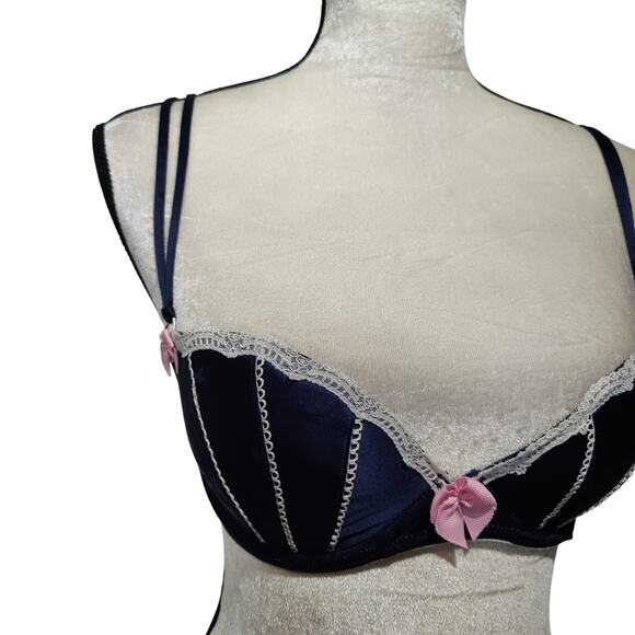 Vintage Victoria Secret Sz 34C Sexy Little Things Blue Pink Bow Balconette Bra - Picture 3 of 7